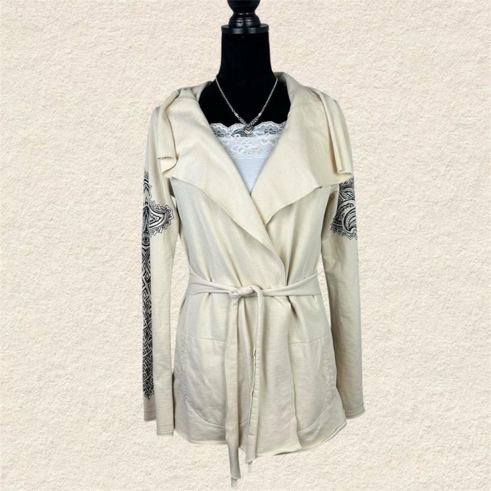 Lucky Brand Cream Waist Tie Cardigan with Black Patterned Sleeves